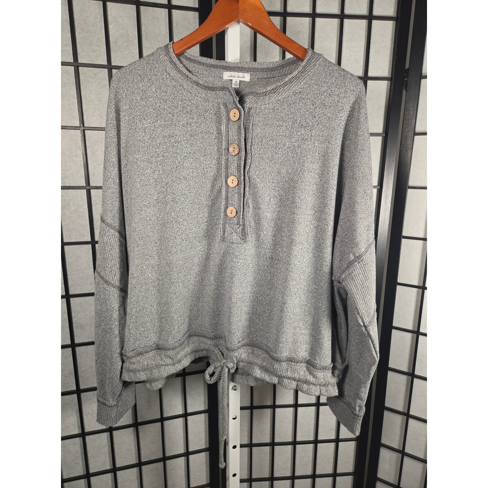 White Birch Womens 1X Gray Henley Long Sleeve Drawstring Hem Top